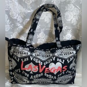 Black And White Canvas Las Vegas Tote Bag With A Pink  “Las Vegas” Graphic